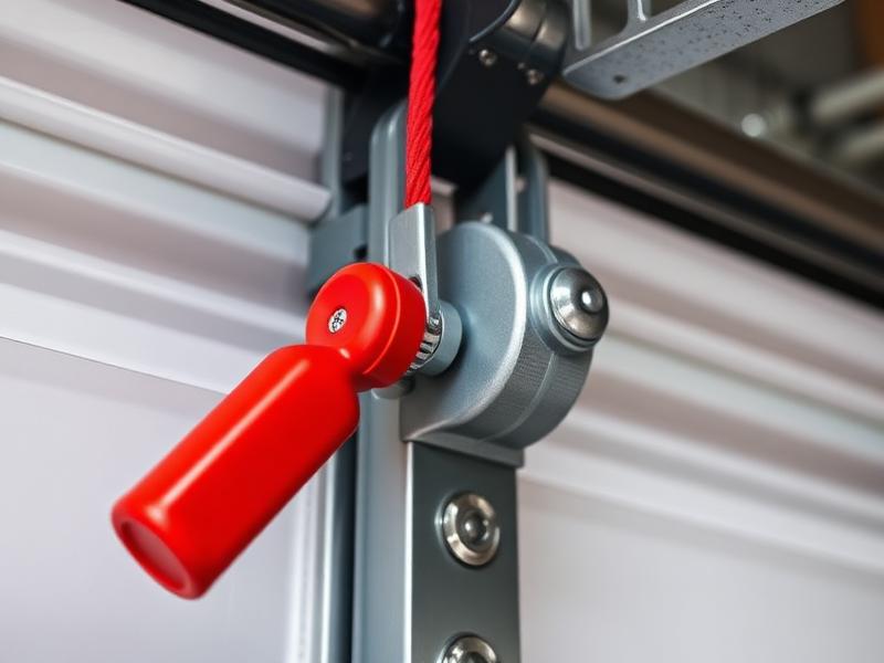 Garage door manual release cord and mechanism close-up
